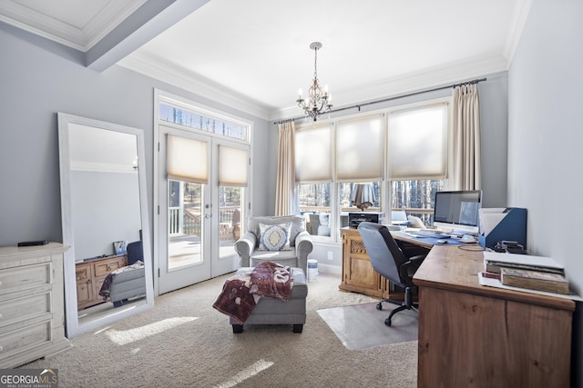 carpeted office space featuring french doors, crown molding, an inviting chandelier, and beamed ceiling