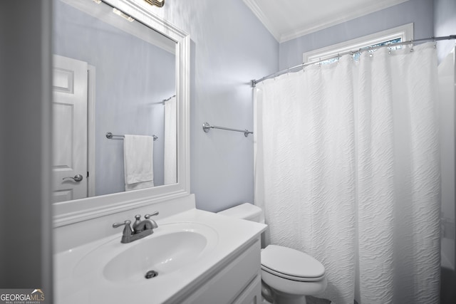 bathroom with a shower with shower curtain, vanity, ornamental molding, vaulted ceiling, and toilet