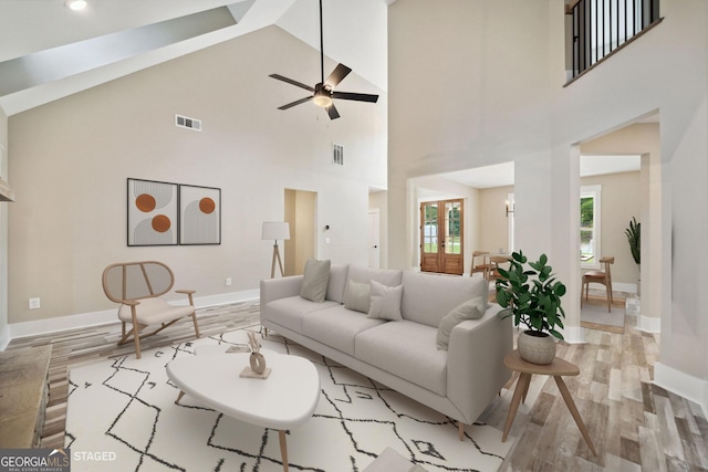 220 Autumn Brook Dr, Canton, GA 30115 - living room featuring light wood-style flooring, high vaulted ceiling, ceiling fan, and recessed lighting
