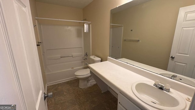 full bathroom with toilet, vanity, and shower / bathing tub combination