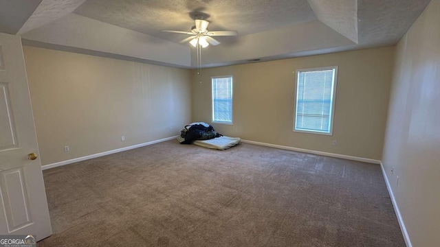 empty room featuring a raised ceiling, ceiling fan, carpet, and a textured ceiling