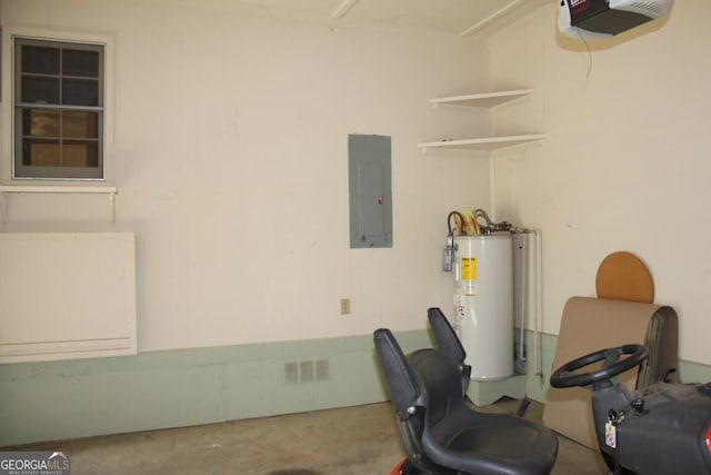 interior space with electric panel, water heater, visible vents, and a garage door opener