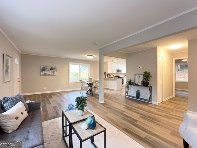 living room with light wood-type flooring, baseboards, and crown molding