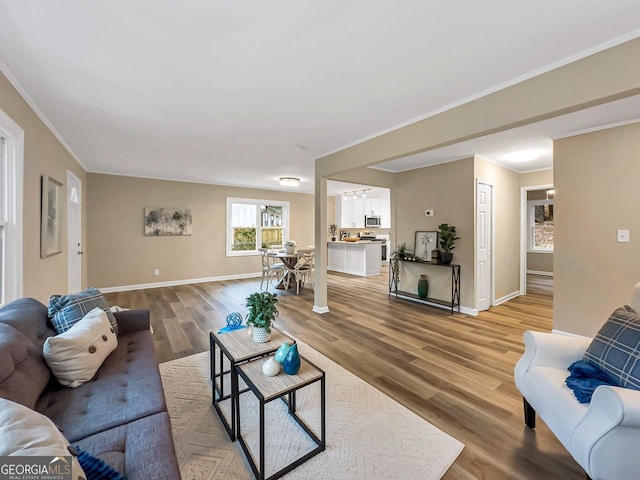 living room featuring baseboards, light wood-style floors, and crown molding