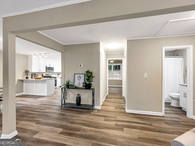 hallway with crown molding and hardwood / wood-style floors