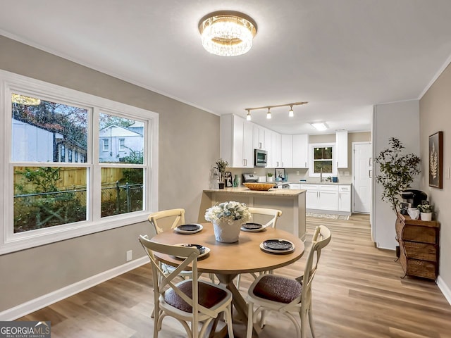 dining space featuring light wood-type flooring, a wealth of natural light, and a chandelier