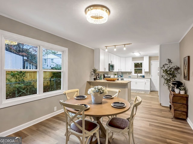 dining space with track lighting, light wood-style floors, baseboards, and ornamental molding