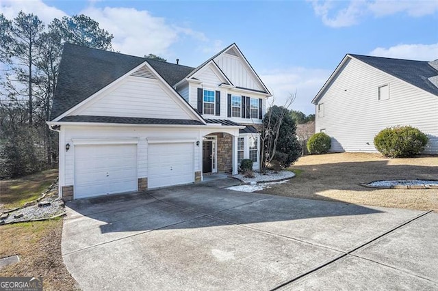 3055 Cooper Woods Ln, Loganville, GA 30052 - traditional home with stone siding, concrete driveway, a garage, board and batten siding, and a shingled roof