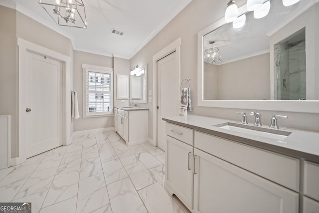 bathroom with vanity, crown molding, a shower with door, and an inviting chandelier