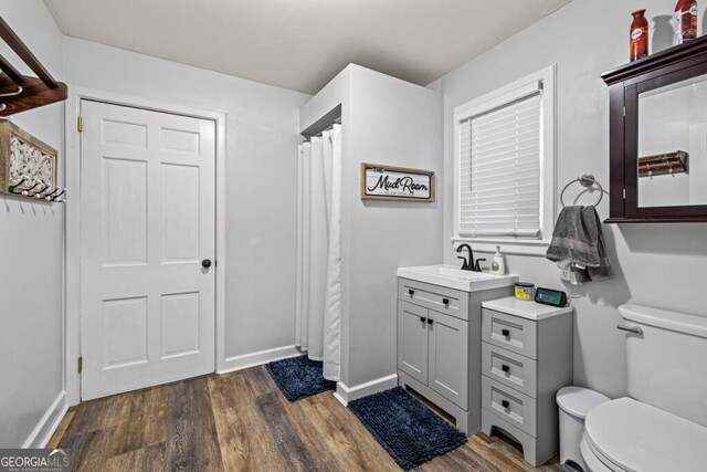 bathroom featuring hardwood / wood-style floors, toilet, and vanity