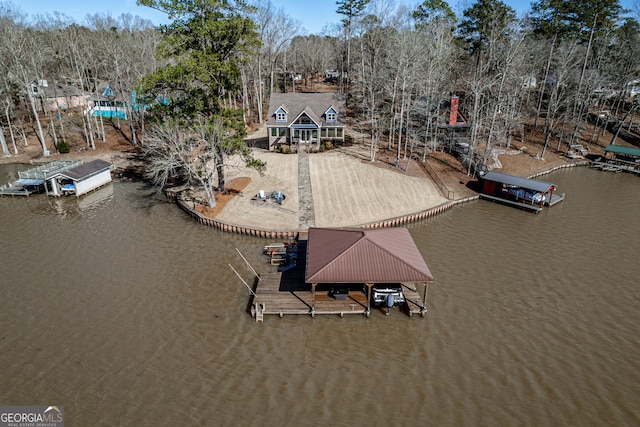 drone / aerial view featuring a water view