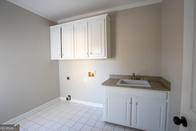 washroom featuring sink, hookup for a washing machine, ornamental molding, light tile patterned floors, and electric dryer hookup