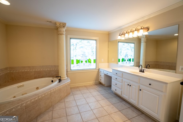 bathroom featuring tiled tub, tile patterned floors, vanity, and ornamental molding