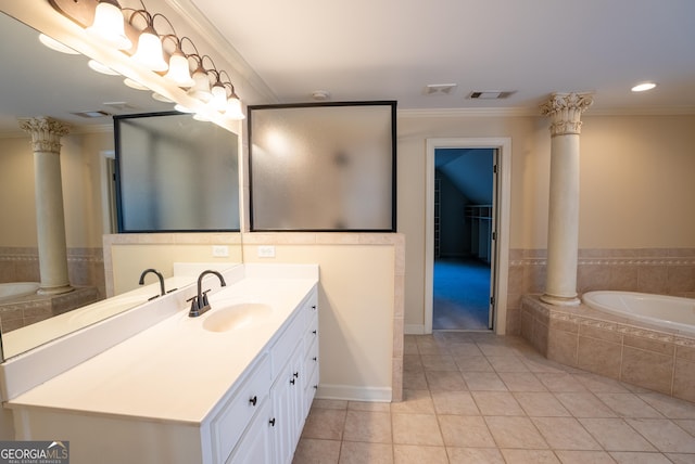 bathroom featuring vanity, tile patterned flooring, crown molding, and ornate columns