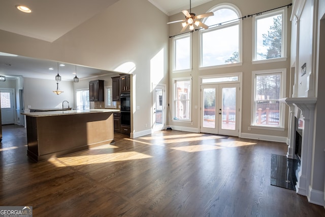 unfurnished living room with a high ceiling, french doors, sink, dark hardwood / wood-style floors, and crown molding