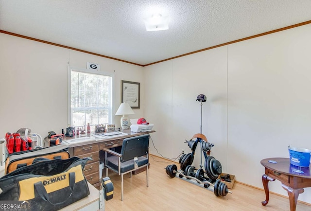 home office with ornamental molding, a textured ceiling, and light hardwood / wood-style flooring