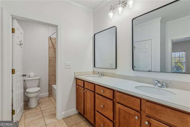 full bathroom with shower / bathing tub combination, tile patterned flooring, vanity, toilet, and ornamental molding