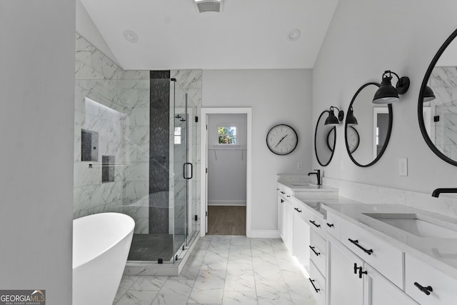 bathroom with plus walk in shower, vaulted ceiling, and vanity