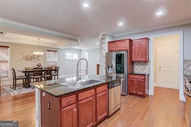 kitchen with stainless steel appliances, backsplash, a kitchen island with sink, hanging light fixtures, and sink