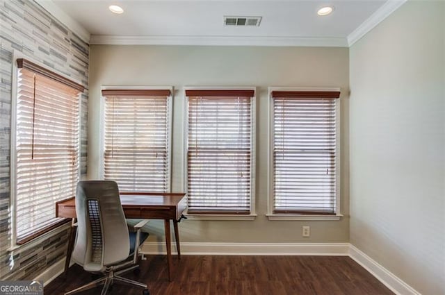 office area with a wealth of natural light, dark hardwood / wood-style flooring, and crown molding