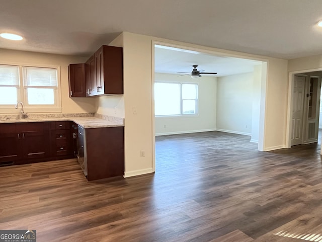 kitchen with ceiling fan, dark hardwood / wood-style floors, stainless steel dishwasher, dark brown cabinetry, and sink