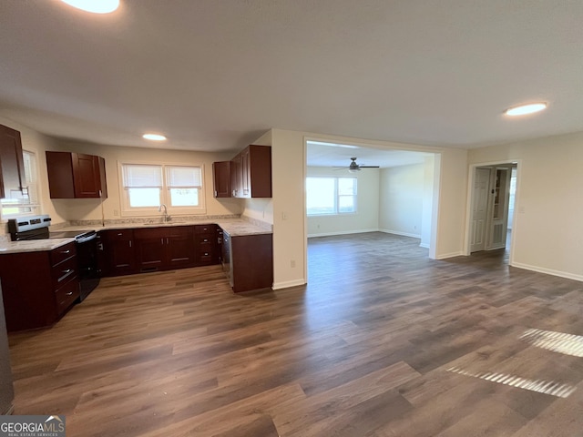 kitchen featuring ceiling fan, dark hardwood / wood-style floors, electric range, dark brown cabinets, and sink