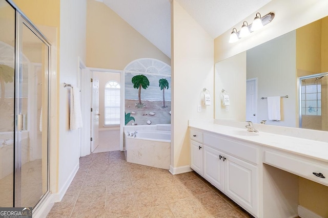 bathroom with vaulted ceiling, independent shower and bath, and vanity