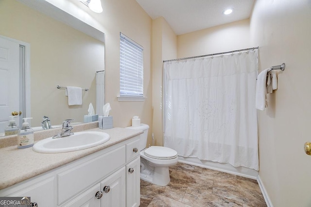 full bathroom with toilet, vanity, and shower / bath combination with curtain