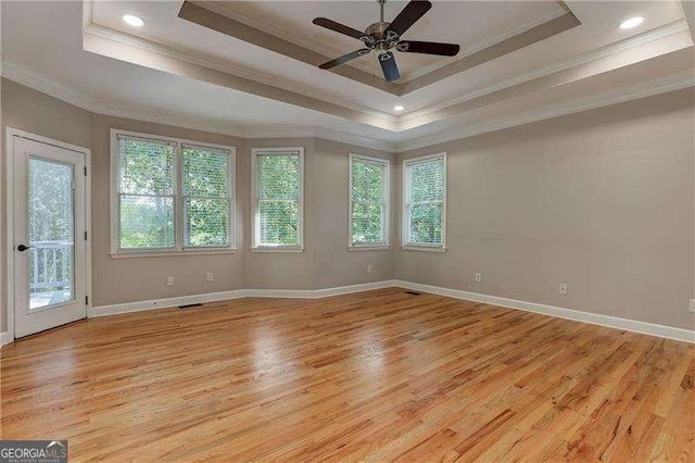 spare room featuring crown molding, light hardwood / wood-style flooring, and a raised ceiling