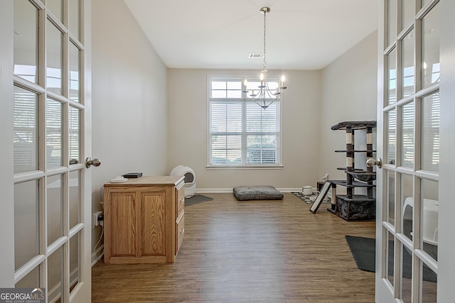 exercise room featuring a chandelier, hardwood / wood-style floors, and french doors