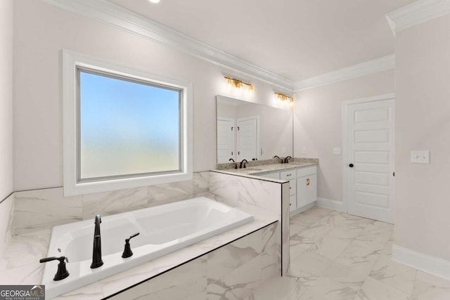 bathroom with vanity, ornamental molding, and tiled tub