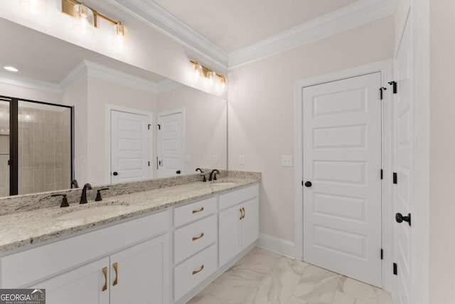 bathroom featuring a shower with door, vanity, and ornamental molding