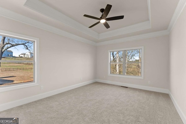5721 Brickhampton Ct, Clermont, GA 30527 - carpeted spare room featuring a tray ceiling, healthy amount of natural light, crown molding, a ceiling fan, and baseboards