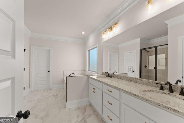 5721 Brickhampton Ct, Clermont, GA 30527 - full bathroom with baseboards, marble finish floors, a stall shower, double vanity, and ornamental molding