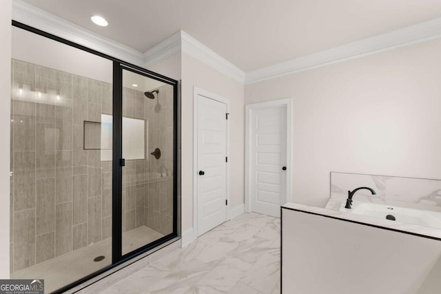 5721 Brickhampton Ct, Clermont, GA 30527 - full bathroom with crown molding, a stall shower, and marble look tiles