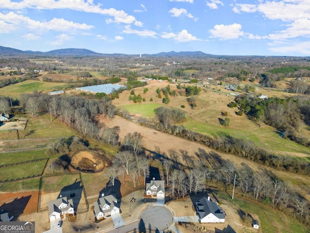 drone / aerial view featuring a mountain view and a rural view