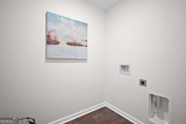 clothes washing area featuring wood-type flooring, hookup for an electric dryer, and hookup for a washing machine