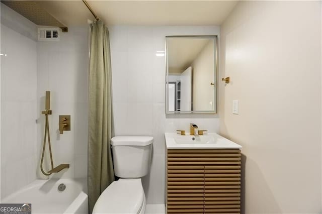 full bath with toilet, visible vents, shower / bath combination with curtain, and vanity