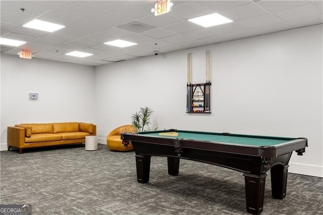 game room featuring carpet, billiards, a paneled ceiling, and baseboards