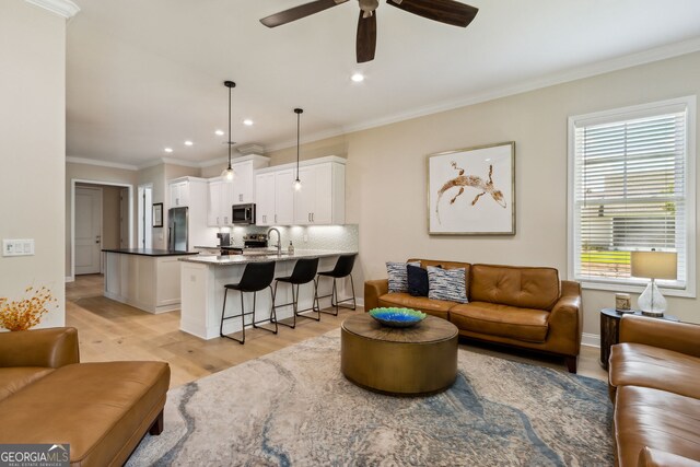 living room with ceiling fan, ornamental molding, light hardwood / wood-style flooring, and sink