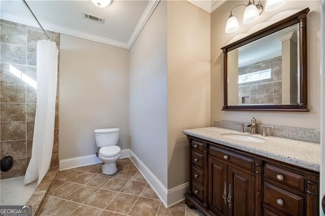 bathroom featuring crown molding, vanity, a shower with curtain, and tile patterned flooring