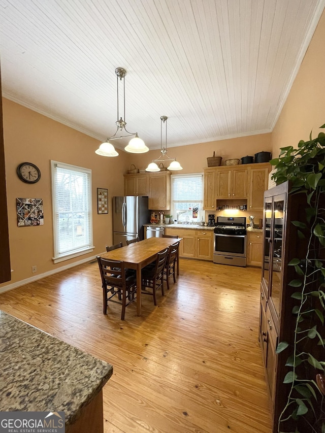 kitchen with wooden ceiling, appliances with stainless steel finishes, light hardwood / wood-style flooring, and decorative light fixtures