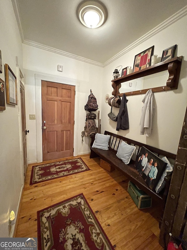 mudroom featuring crown molding and hardwood / wood-style floors