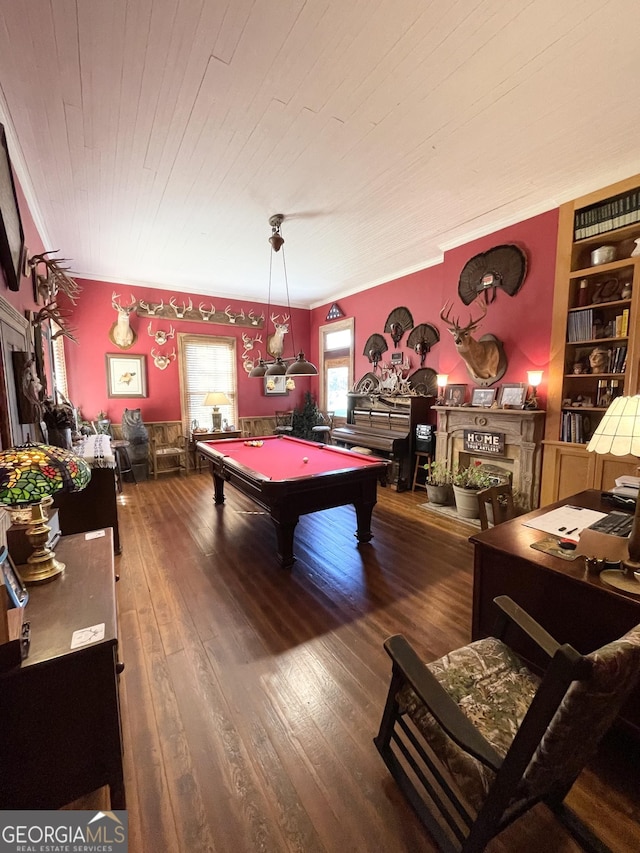 rec room with wooden ceiling, built in features, pool table, and hardwood / wood-style floors