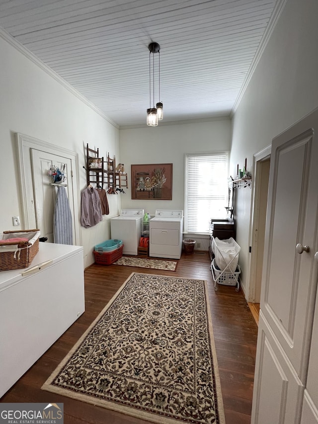 interior space featuring washer and dryer, dark wood-type flooring, and crown molding