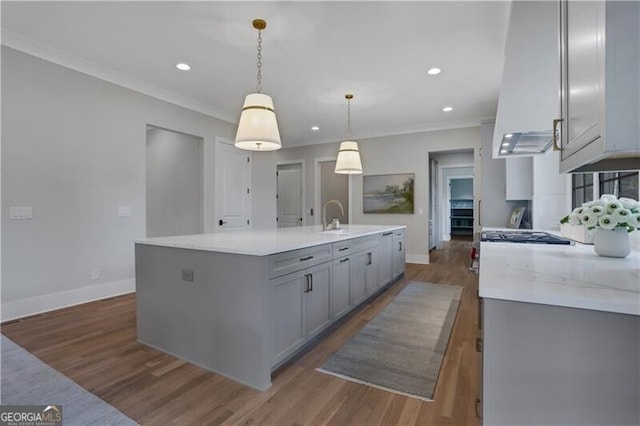 kitchen with sink, hanging light fixtures, a kitchen island with sink, hardwood / wood-style flooring, and gray cabinetry