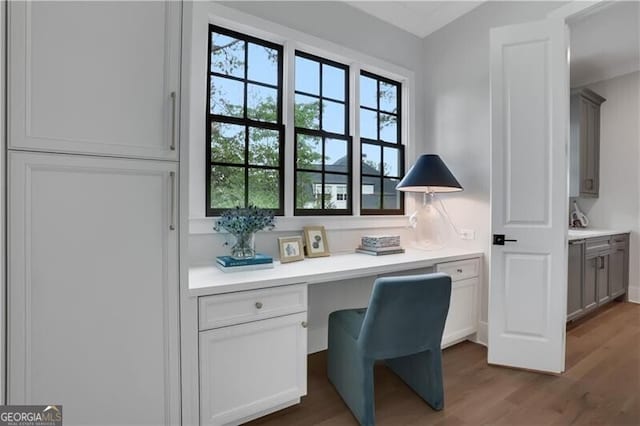 office area featuring built in desk and dark wood-type flooring