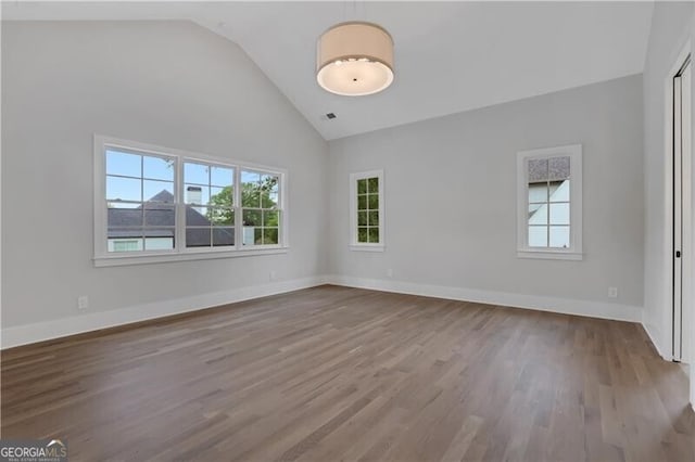 unfurnished room with lofted ceiling and wood-type flooring