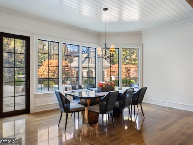 dining area with wooden ceiling, crown molding, hardwood / wood-style floors, and a notable chandelier