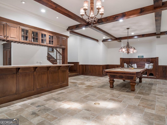 recreation room with an inviting chandelier, billiards, beamed ceiling, and wood walls